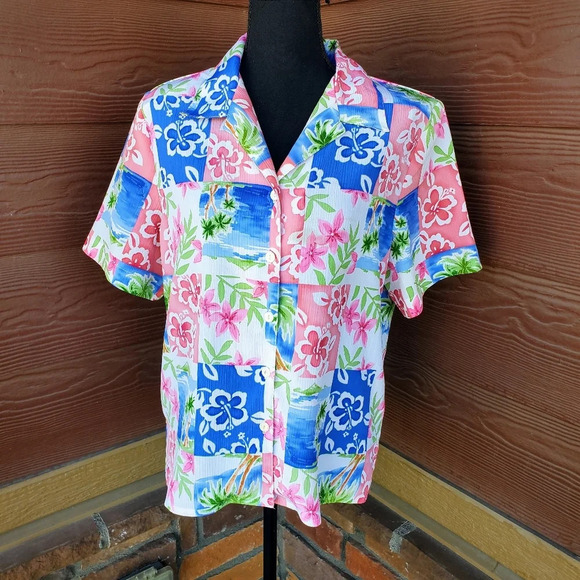 Vintage Alia Petites Women's Short Sleeve Tropical Buttondown Shirt Size 12 - Picture 1 of 11